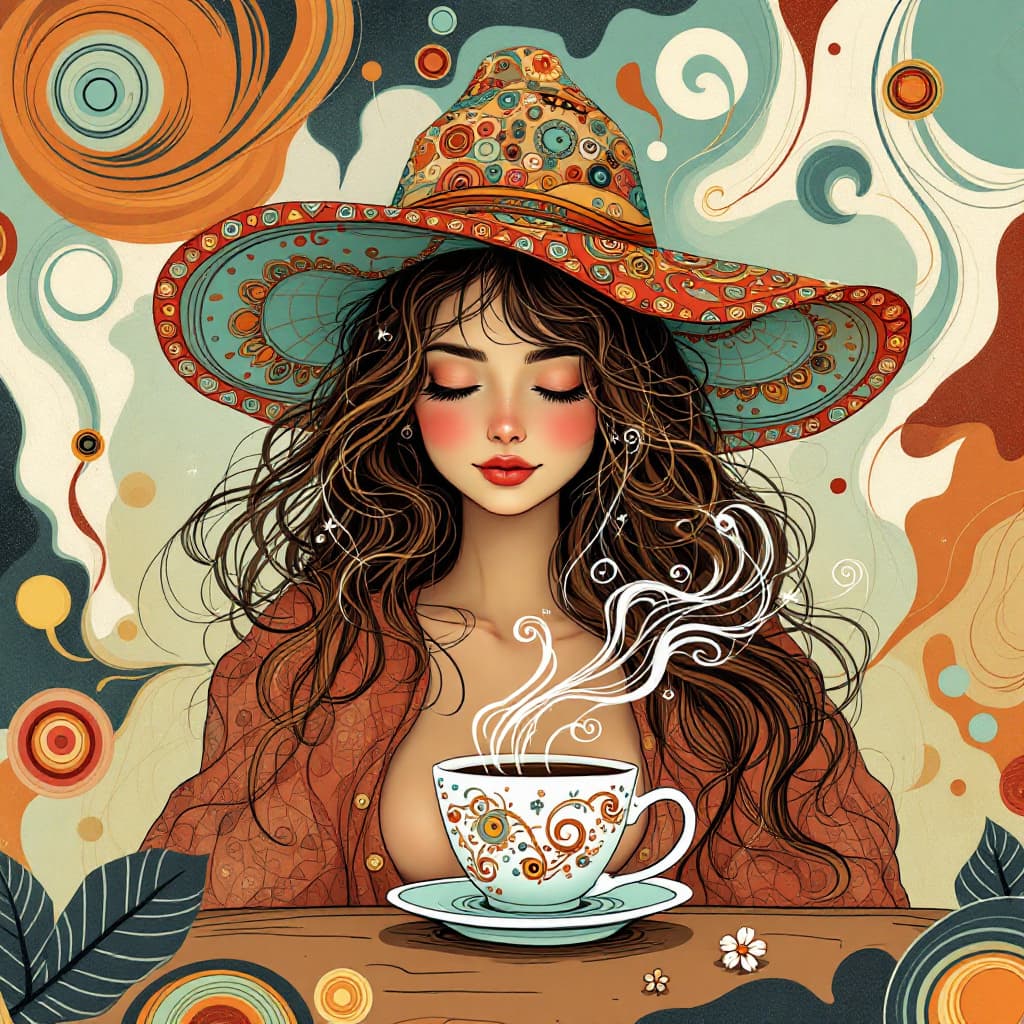 AI generated: Create an enchanting illustration of a whimsical, dreamy woman wearing a wide-brimmed, colorful hat ...