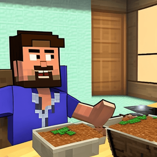 AI generated: Steve from minecraft enjoying a tradiotional pozole from mexico on dunder mifflin office