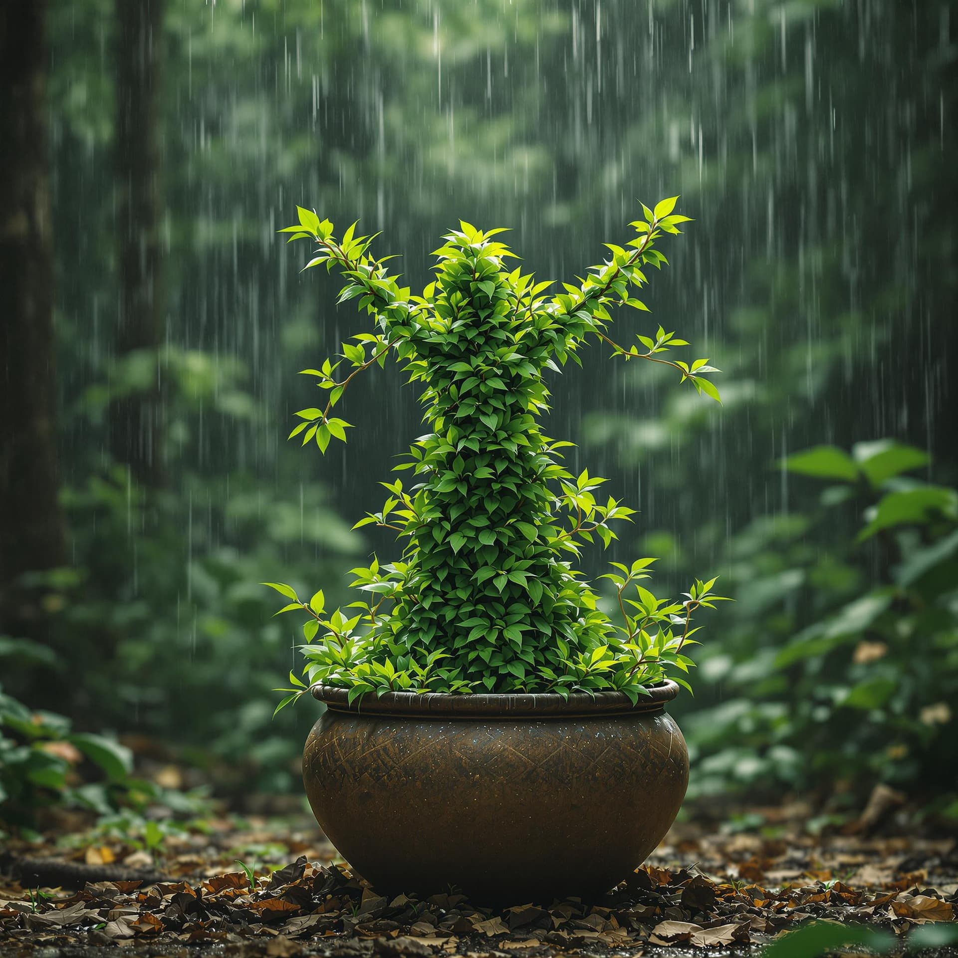 AI generated:  A human like figure rinade of leaves dancing on a pot, forest rain background