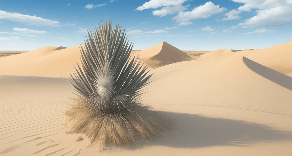 AI generated: 
hyperrealistic photo of a yucca elata, in dunes, blue sky, few clouds