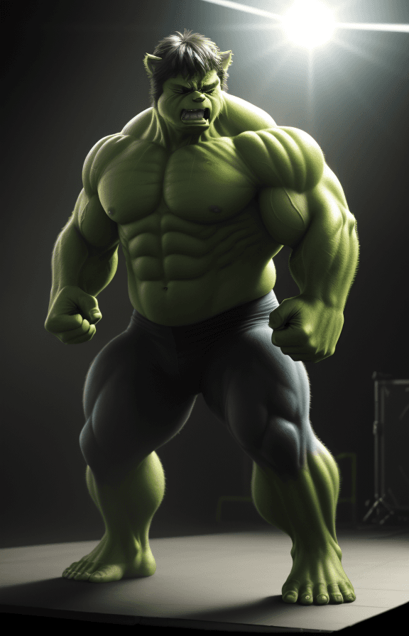 AI generated: hulk-cat, hyper detalic, cinematic, animation, 8k, standing on stage
