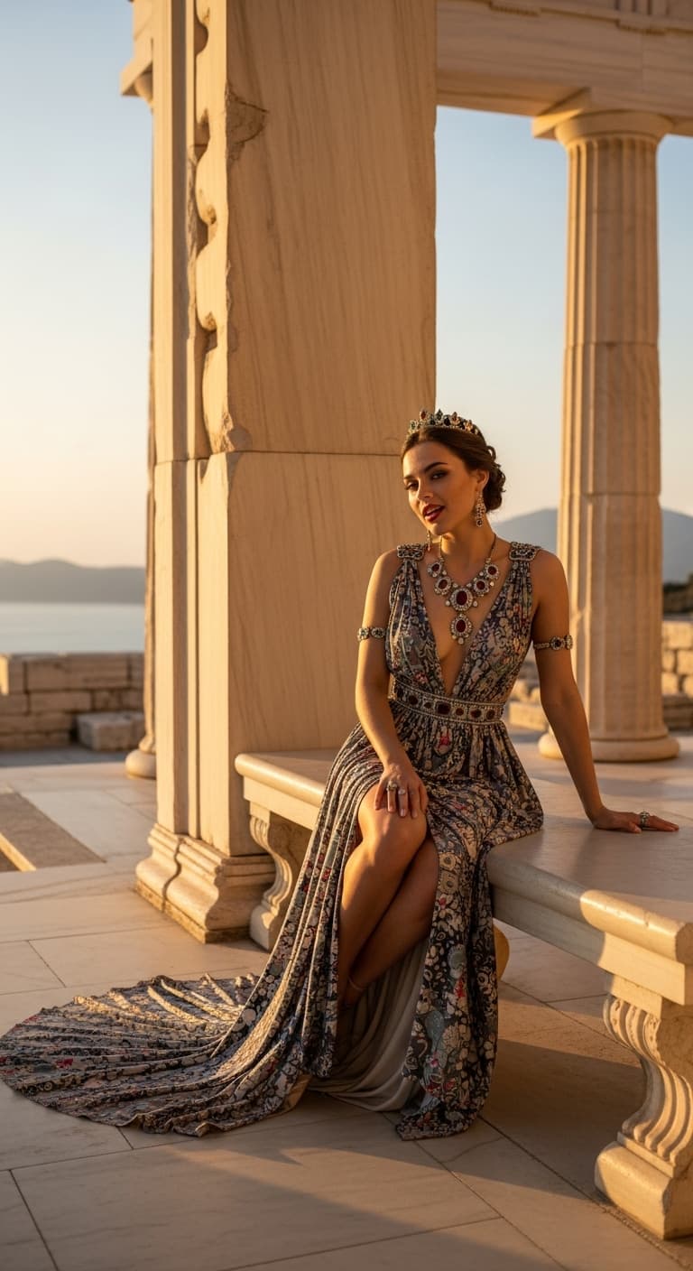 AI generated: very atractive Bulgarian queen, super exposing queen clothes, young, natural, necklace, high heels, ...