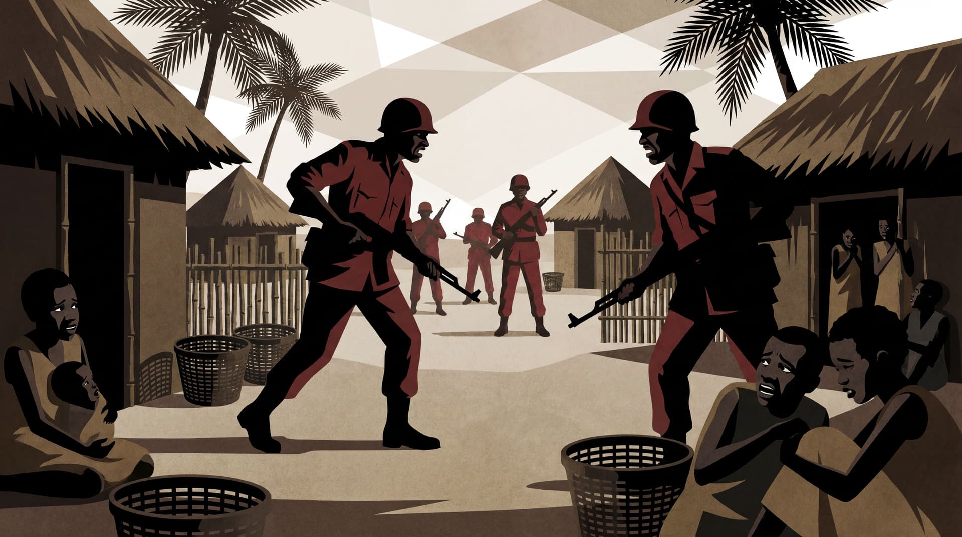 AI generated: Malika Favre style art Show When a village failed to meet its rubber quota, a detachment of Force Pu...