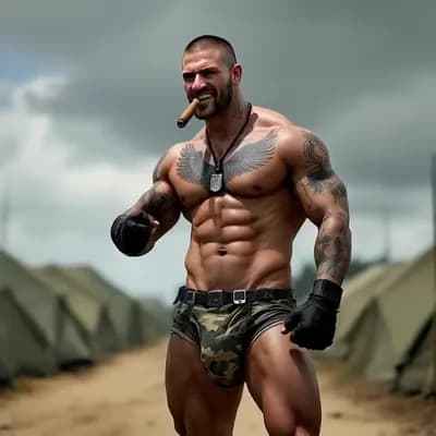 AI generated video: Flicking cigar, flexing both biceps and grinning.