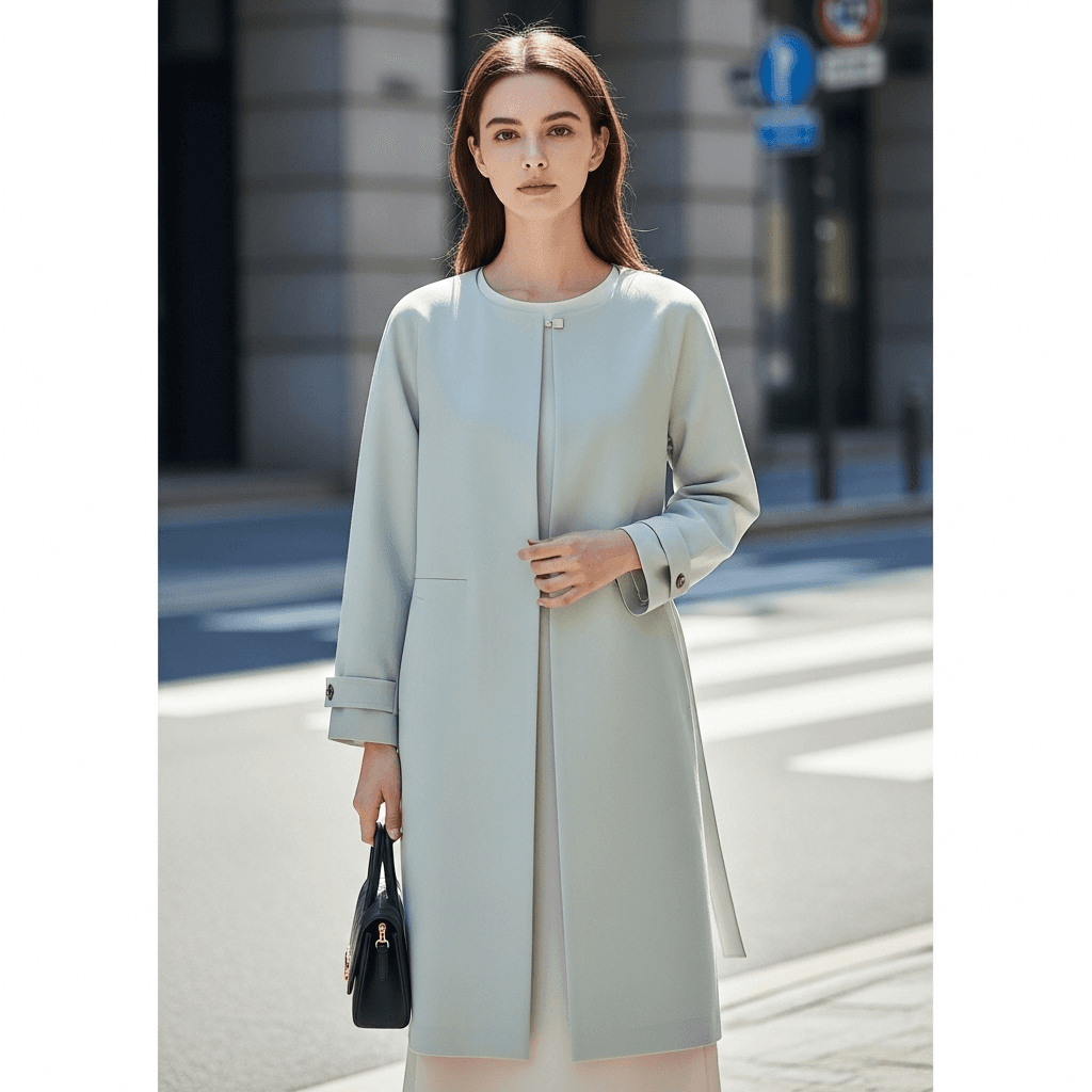 AI generated:     A modern spring women’s manteau coat, knee-length, light pastel color (such as mint green or pow...