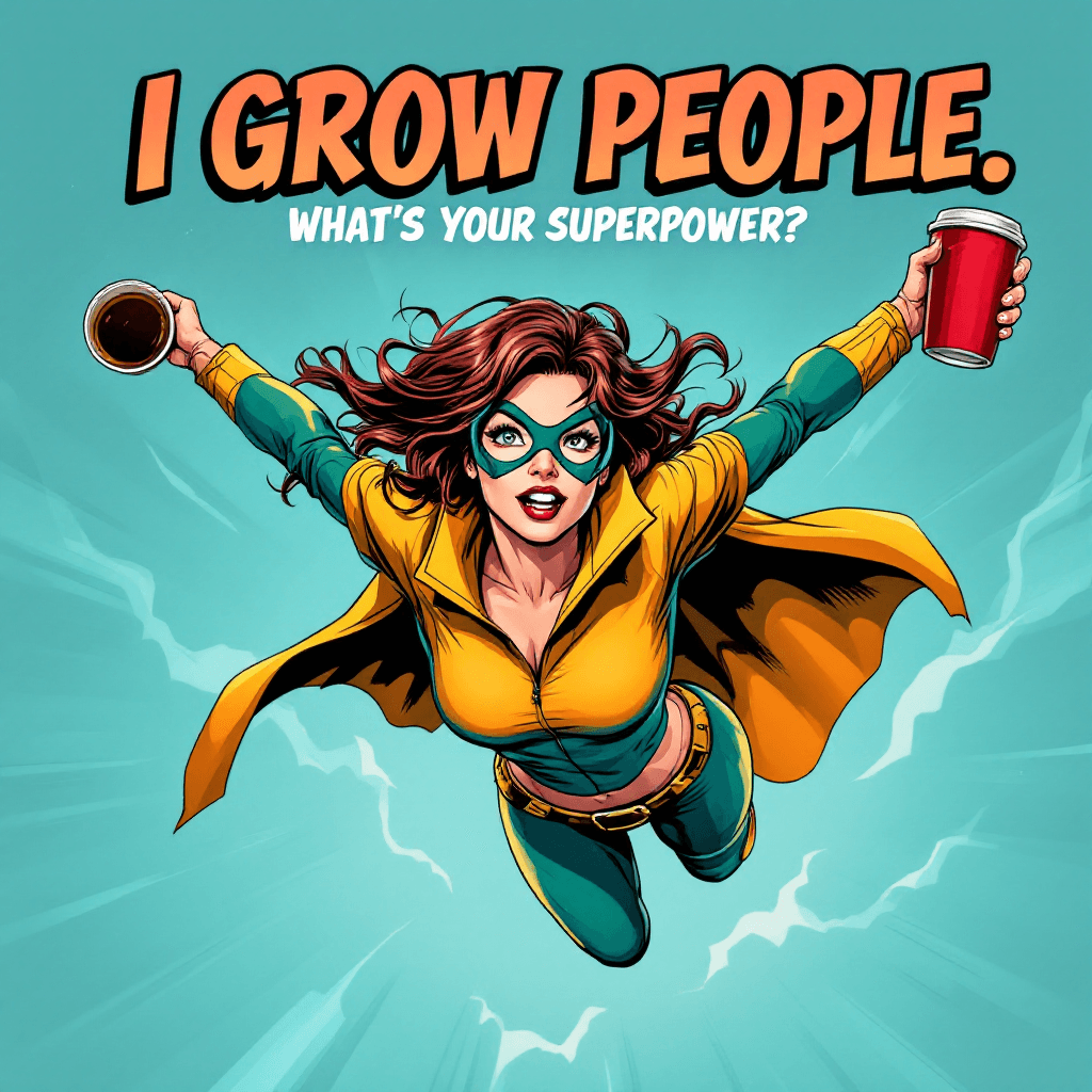 AI generated: A dynamic, comic-style female superhero flying with books in one hand and a coffee mug in the other....