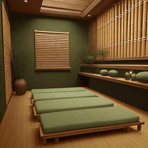 AI generated: "Design a zen-inspired spa room in my narrow space (1.5 meters wide by 2.5 meters long). Use a seren...