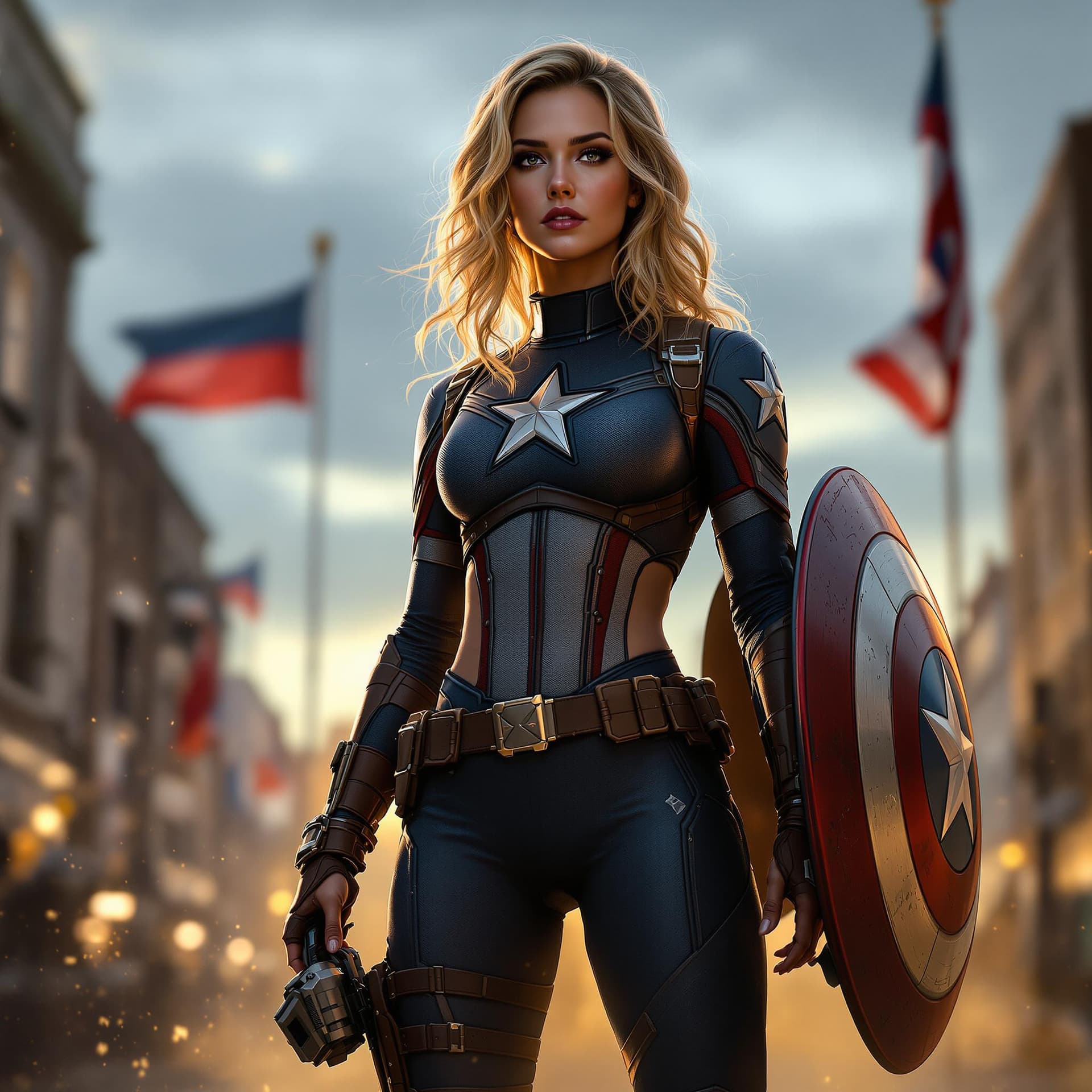 AI generated: High-resolution cinematic shot of a female Captain America in the middle of a city square at dusk. S...