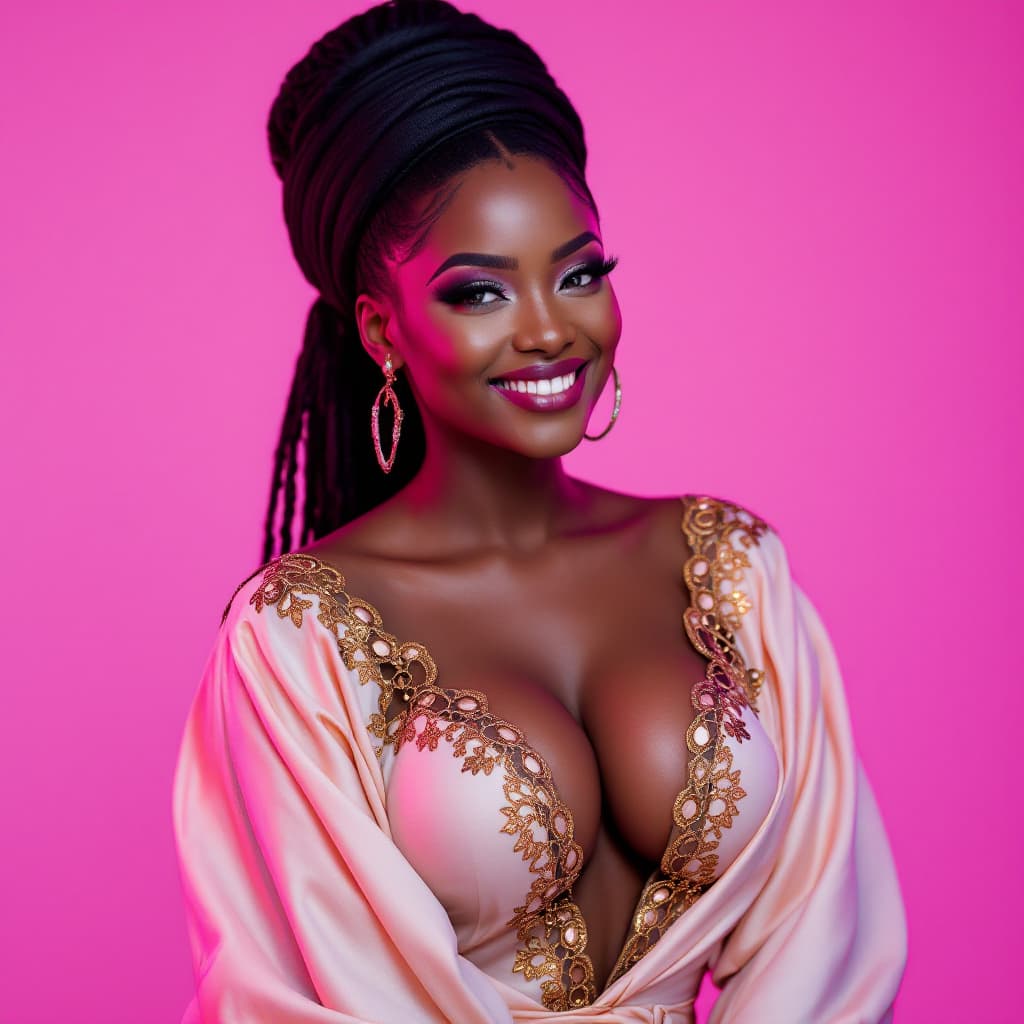 AI generated: A radiant smiling beautiful, gorgeous African Fulani woman in a MODERN, AFRICAN dressing outfit that...