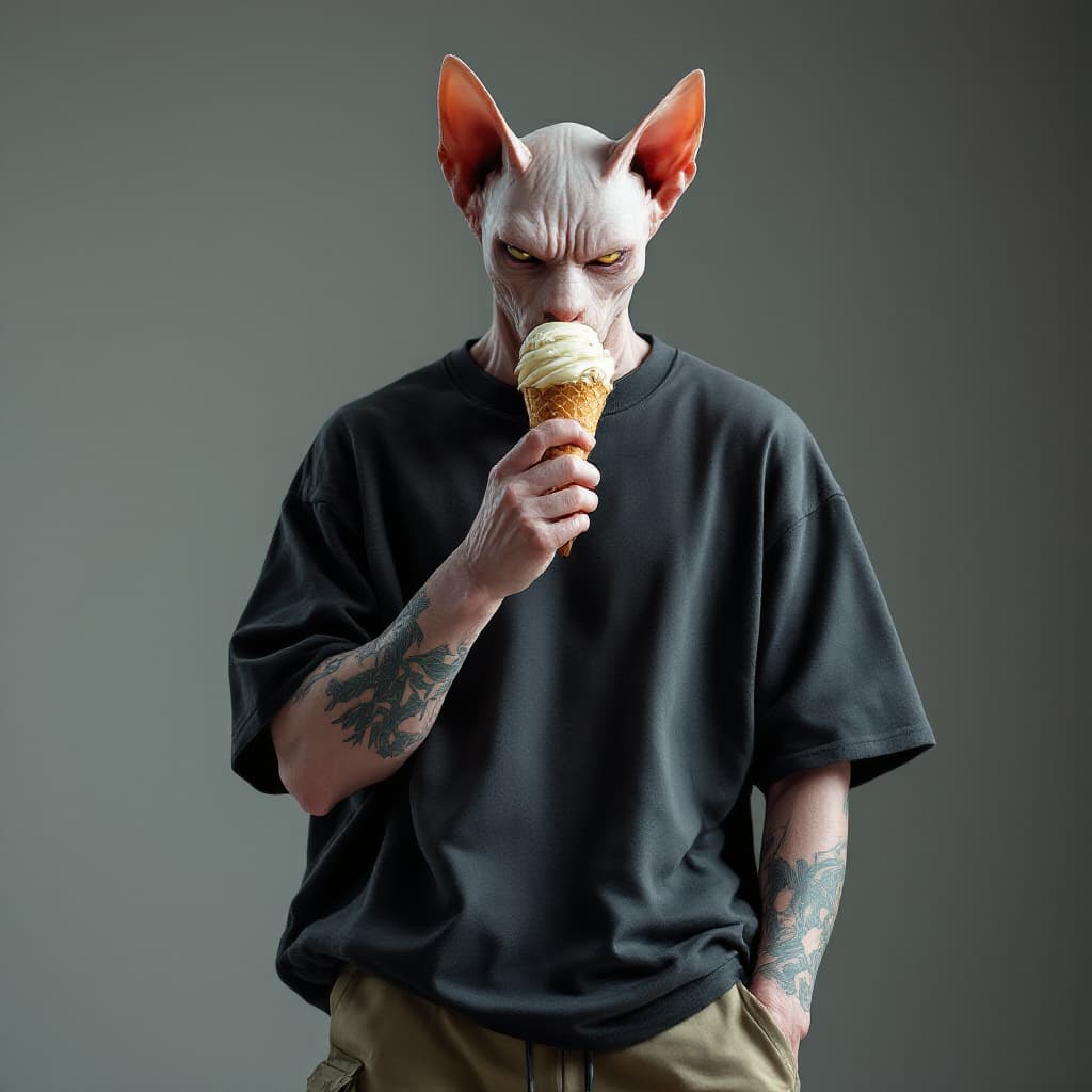 AI generated: A striking Yakuza thug strikes a confident pose for a fashion magazine cover, showcasing his Sphynx-...