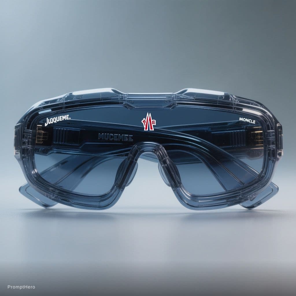 AI generated: Fashion shoot, Jacquemus and Moncler collaboration: dark blue translucent futuristic sunglasses, hyp...