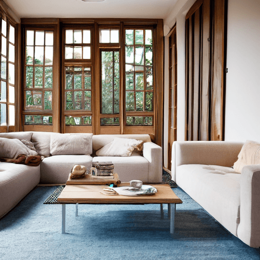 AI generated: high resolution photography interior design, dreamy sunken living room conversation pit, wooden floo...