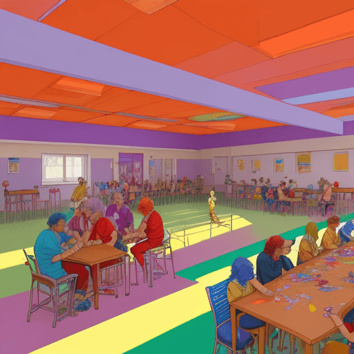 AI generated: Moebius painting style, vivid colours, sharp intensed lines, fantastic colours, 4K, a social daycare...
