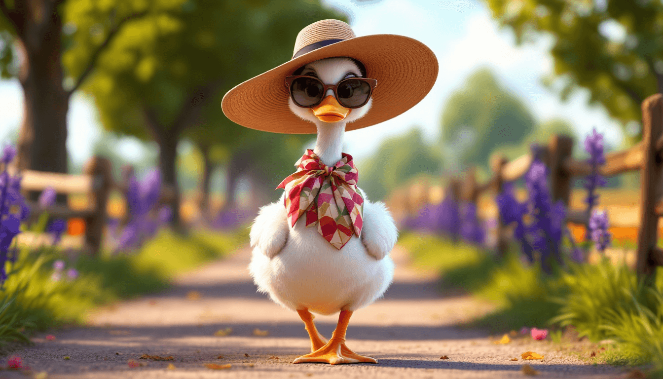 AI generated: a stylish female duck wearing elegant clothes, a large chic hat, luxury brand sunglasses, walking co...
