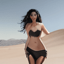AI generated: Female nude model. black wavy hair. Smiling. small breasts. Topless with completely exposed breasts....