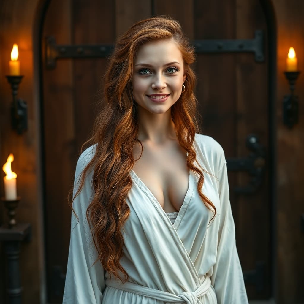 AI generated: a full length photo of a female scorceress posses in front of a medieval wooden door

Layer 1(fema...