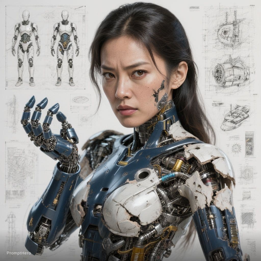AI generated: Ultra-detailed cinematic portrait of a Hong Kong female cyborg , navy and white metallic limbs parti...