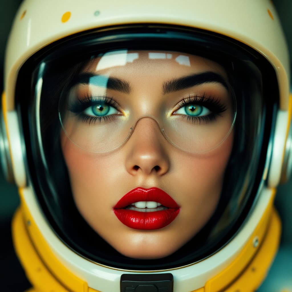 AI generated: portrait of a young beautiful young sexy lady wearing a retro futuristic helmet, red lips, 