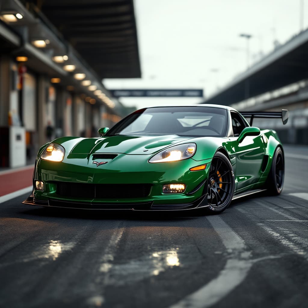 AI generated: General outline of a latest model British racing green 2000 corvette, with glowing headlights, polis...