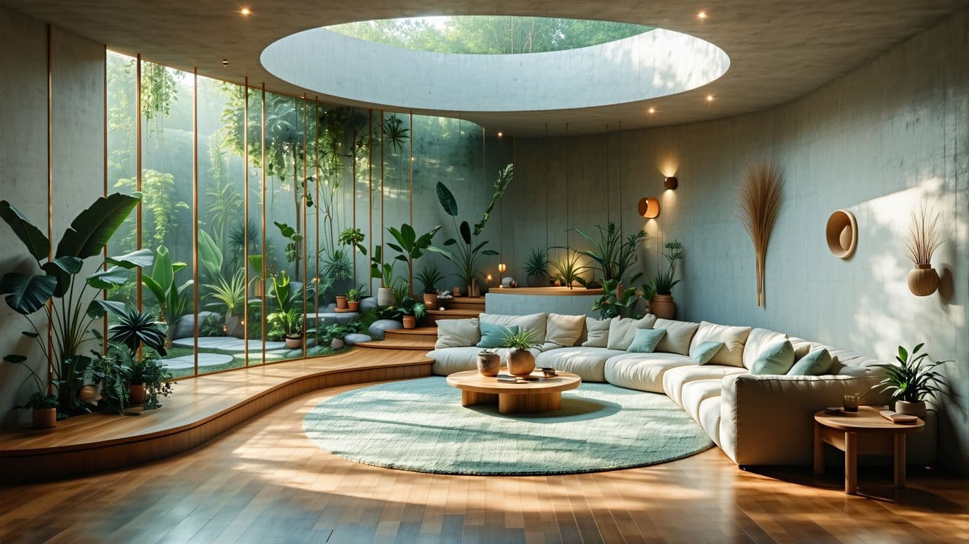 AI generated: High resolution photography interior design, dreamy sunken living room conversation pit, wooden floo...