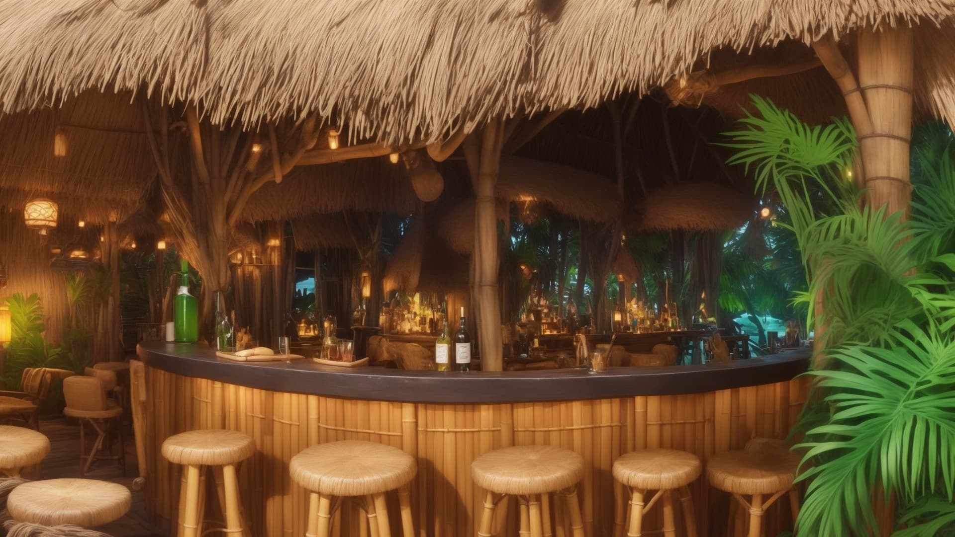 AI generated: A tropical island-themed home bar with bamboo furniture, tiki torches, and a thatched roof. Island-i...