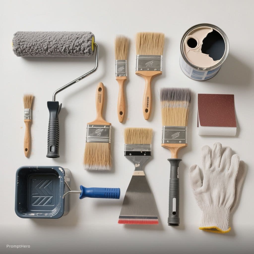 AI generated: Painting supplies neatly arranged and organized on a single surface, including a paint roller, vario...