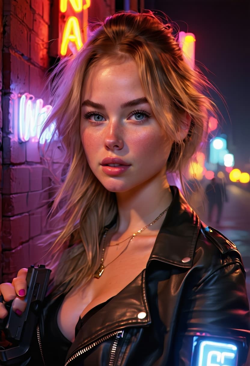 AI generated: Use my uploaded photo ,white girl,beauteful girl with gun, full body, Hight Quality, New York neon,c...