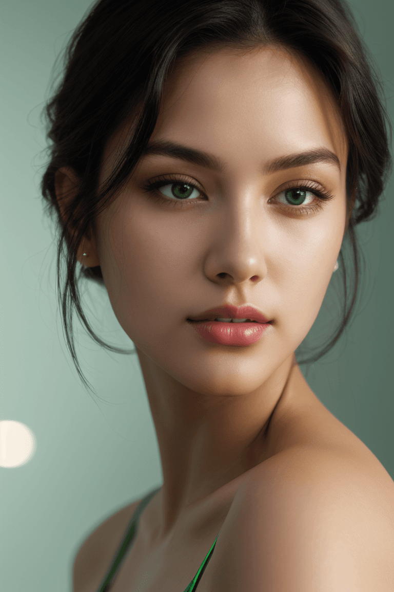 AI generated: professional studio photo of model woman with dark hair, green, luscious lips, masterpiece, high qua...