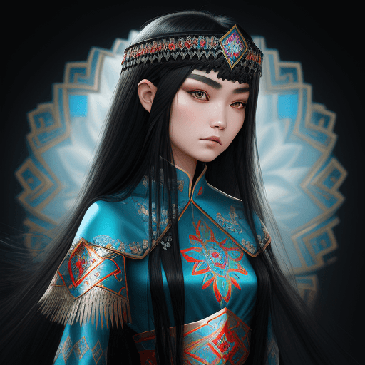AI generated: kazakh beauty girl. black long hair. traditional clothes. line eyes. Turkish style. reflection flowe...