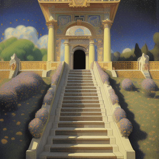 AI generated: Led Zeppelin´s Stairway to heaven", fine detailed pointillism painting + low-angle view, hyper-reali...