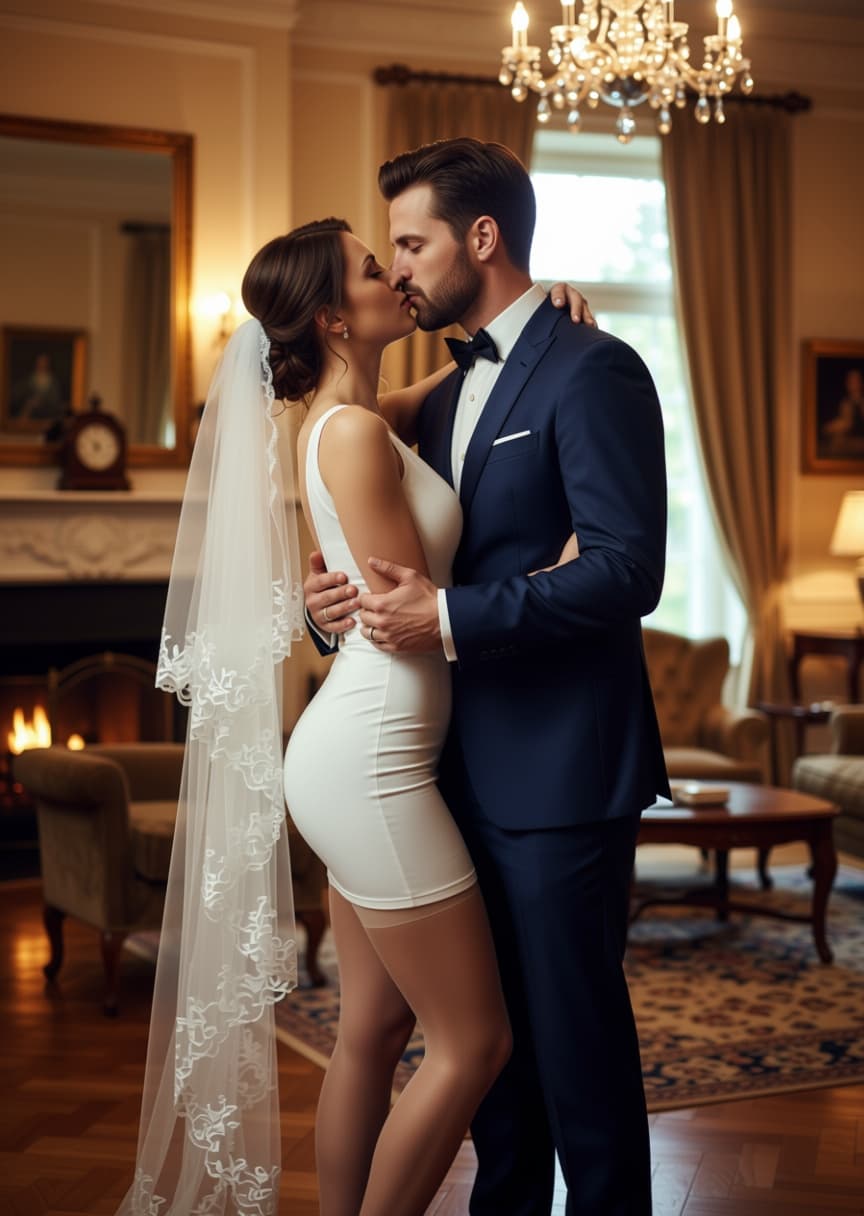 AI generated: 25 yo athletic woman in short lycra wedding dress, veil, cleavage, pantyhose, dancing and hugging he...