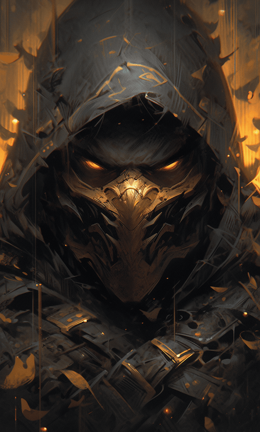AI generated: Mortal Kombat Scorpion, white eyes, classic mask, movie 1995, comes out of the forest in the fog, at...