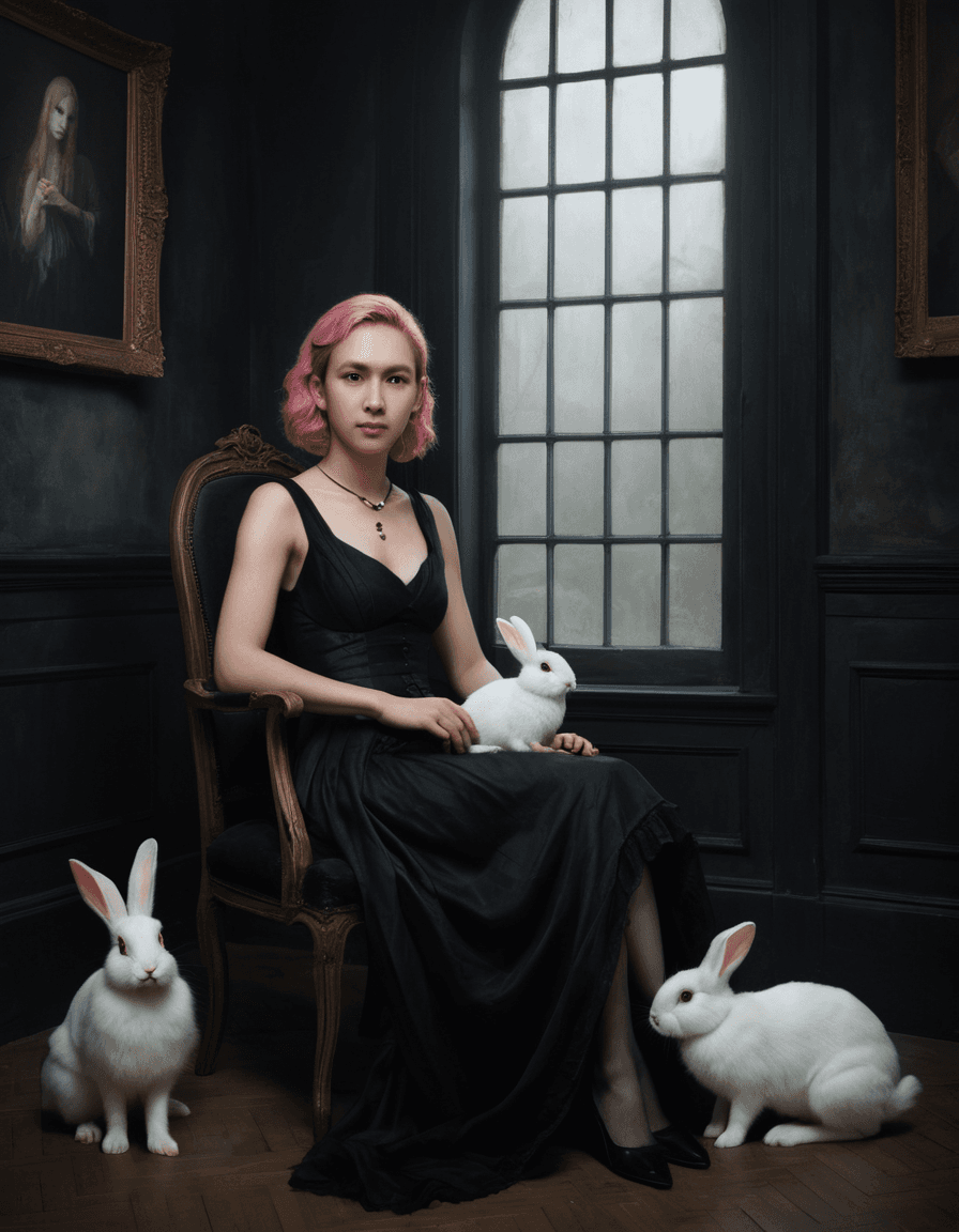 AI generated: A painting in the style of Eve Ventrue, featuring a woman with pink hair wearing a black dress. She ...