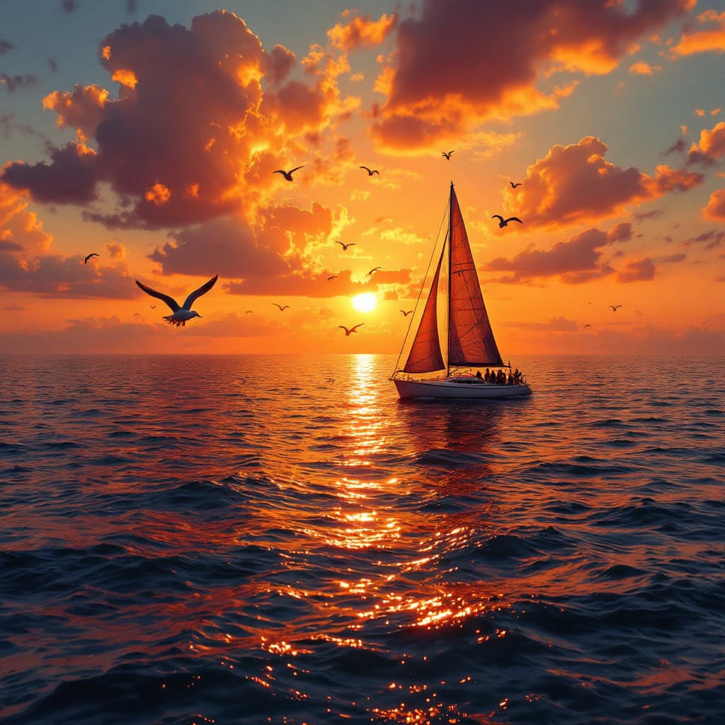 AI generated: sunset on the red sea fire sailboat seagulls