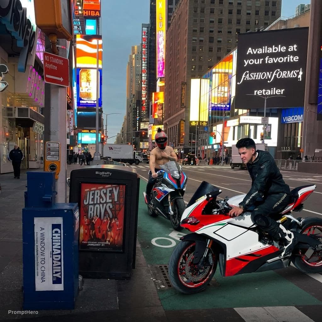 AI generated: Merge me and my friend with our bikes in one photo in uploaded street as very real photo