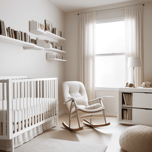 AI generated: Modern nursery with minimalistic design, white crib, rocking chair, wall mounted bookshelves, abstra...