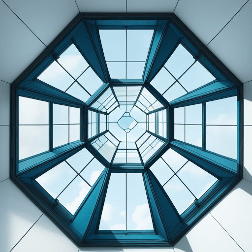 AI generated: photo of a glass skylight window from inside of the building with a color combination of blue white