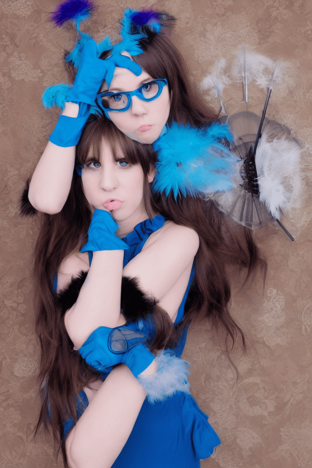 AI generated: 1girl, animal ears, bangs, blue dress, blush, breasts, bridal gauntlets, cleavage, closed mouth, clo...