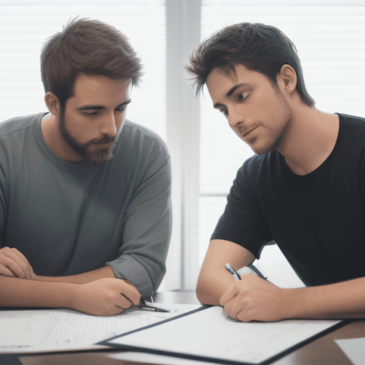 AI generated: 2 guys working together or collaborating on a project