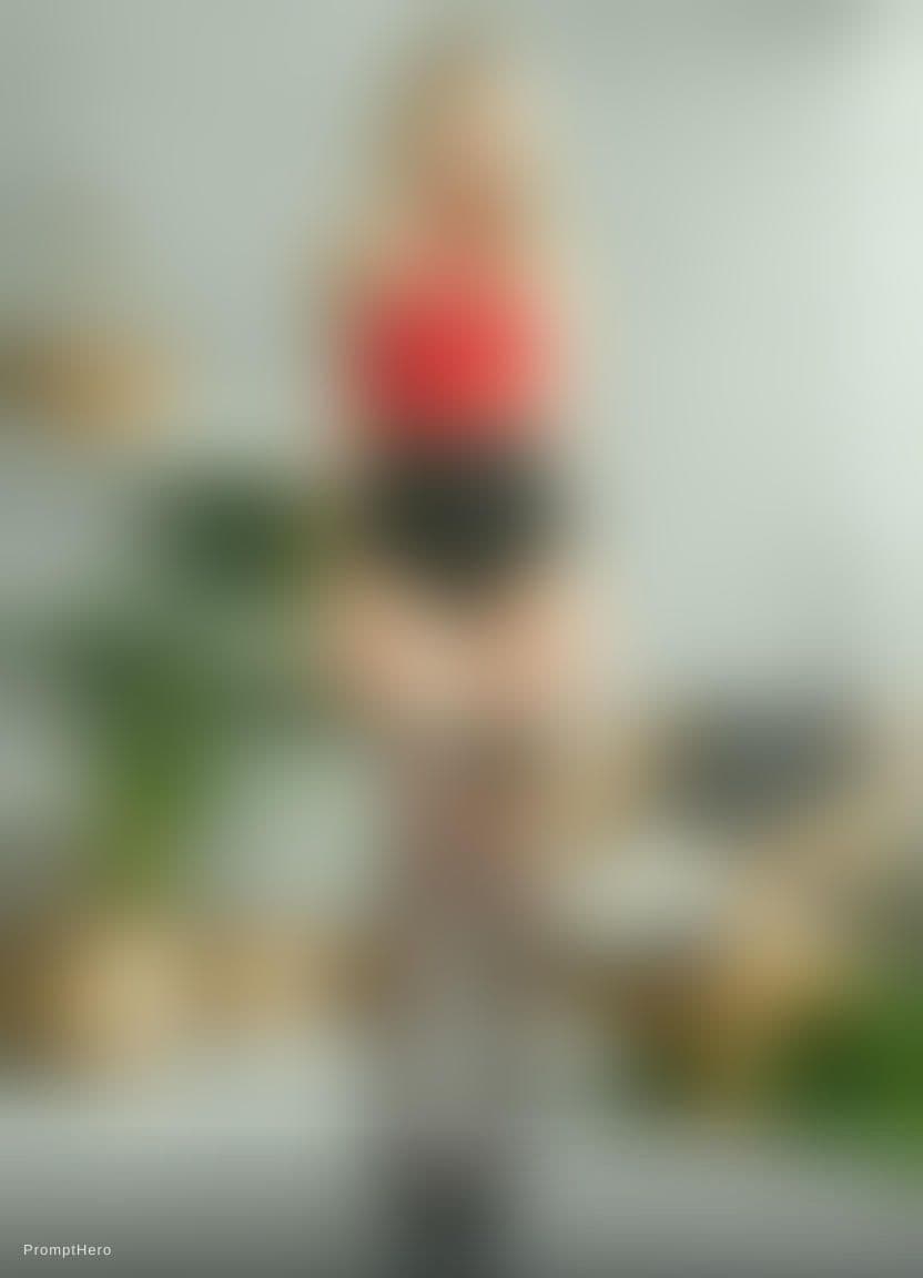 AI generated: beautiful blonde woman in red lingerie with fishnet stockings and halter neck ties