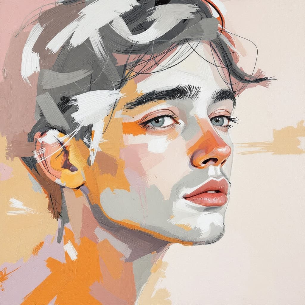 AI generated: abstract portrait of a man with an emphasis on thick, impasto-style brushstrokes and a rich, tactile...