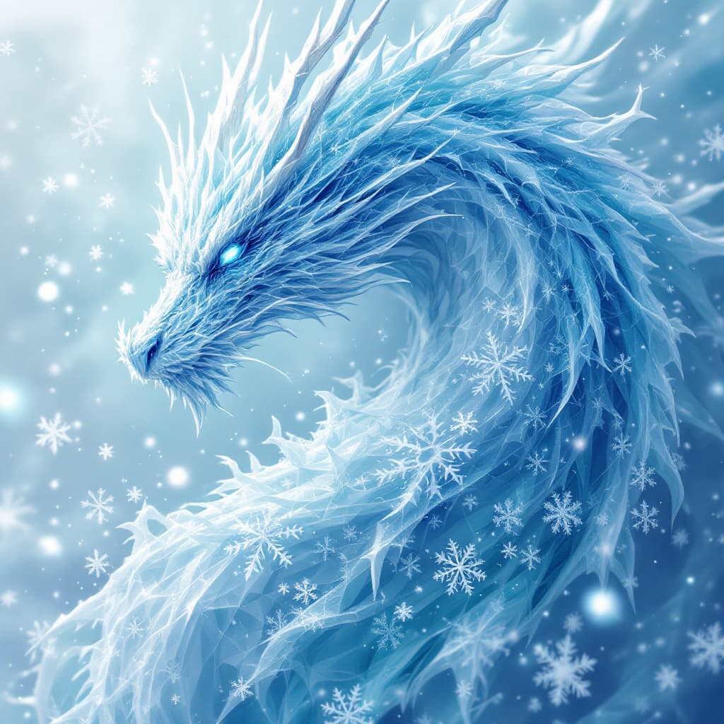 AI generated: A dragon depicted as a Frost-Kissed Fractal Fantasy, where intricate ice crystals and snowflakes for...