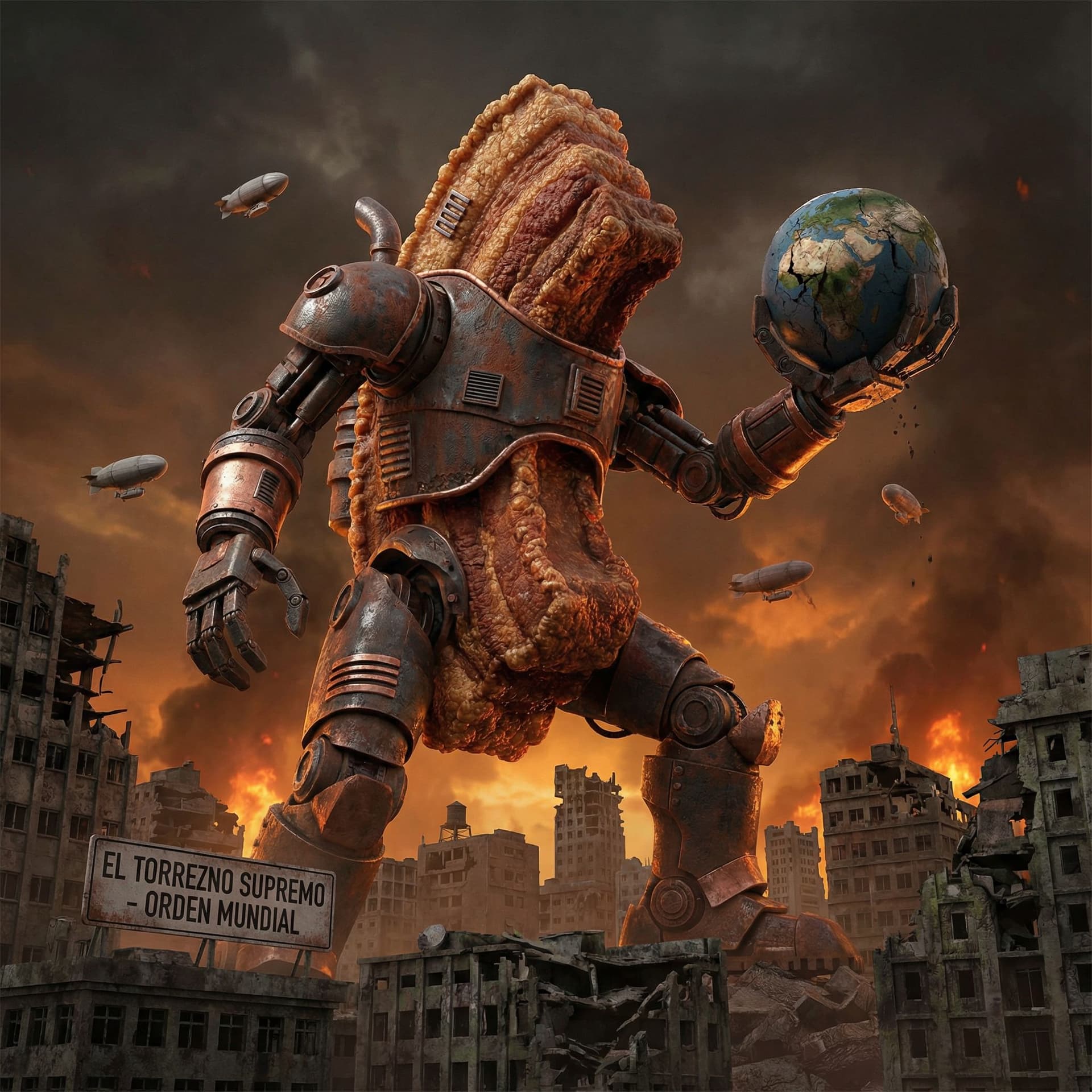 AI generated: un torrezno metalizado y gigante que domina el mundo