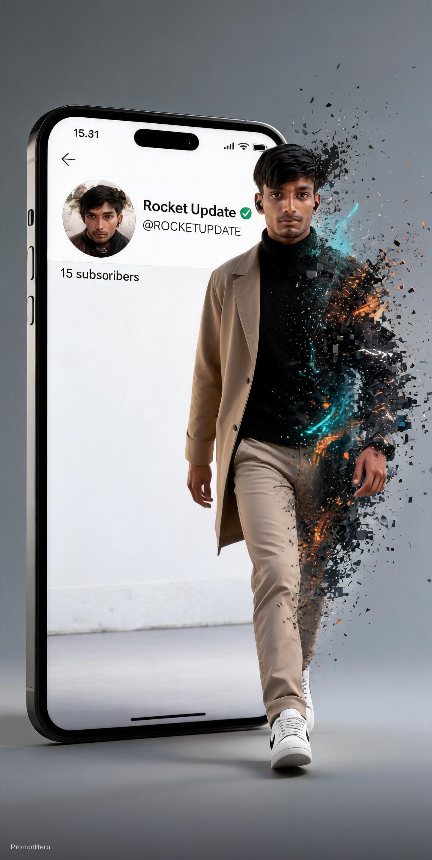 AI generated: A cinematic digital artwork of a stylish animated BOY walking out of a modern X (Telegram) profile i...
