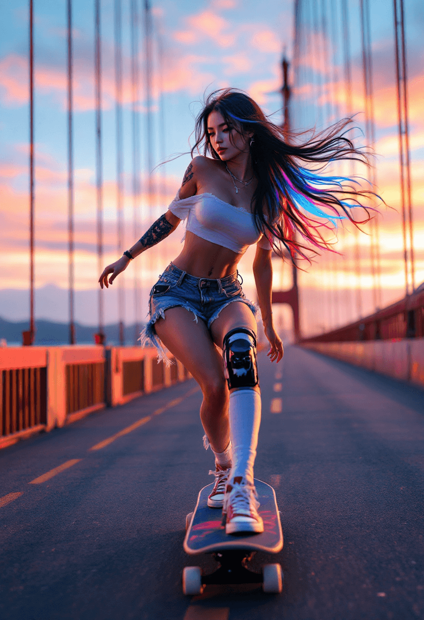 AI generated: (8K) viewed from the side, masterpiece image of a beautiful brunette Japanese girl riding a skateboa...