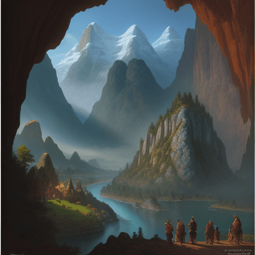 AI generated: An oil painting in the Hildebrandt style, depicting a view from inside a cave, of a city of elves an...