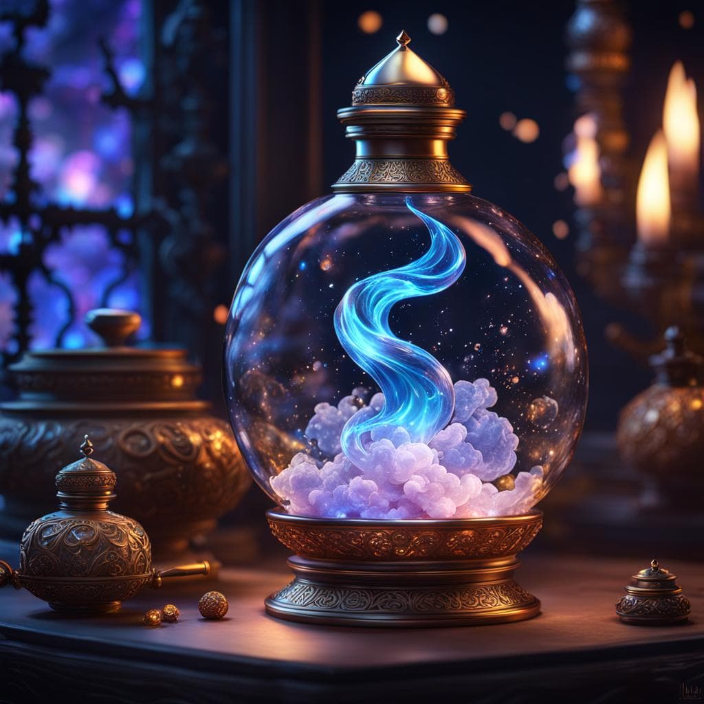 AI generated: Hyper realistic delicate magical fairy dust in a bottle smoking with cosmic magical energy, highly d...