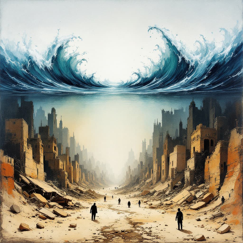 AI generated: surreal epic abstract double exposure fantasy rough hand-painted sketch featuring in the top half of...