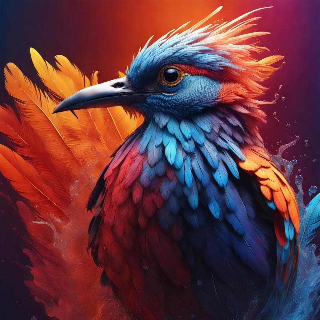 AI generated: a surreal depiction of a bird where each feather displays a gradient from cool, flowing water to int...