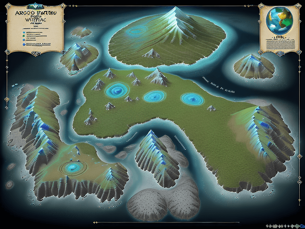 AI generated: Design a full vertical map of an afro futurist fantasy world in portrait orientation. The map includ...